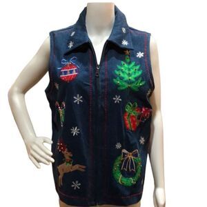 Vintage Anne Carson Christmas Vest Zip Front Denim Sz M